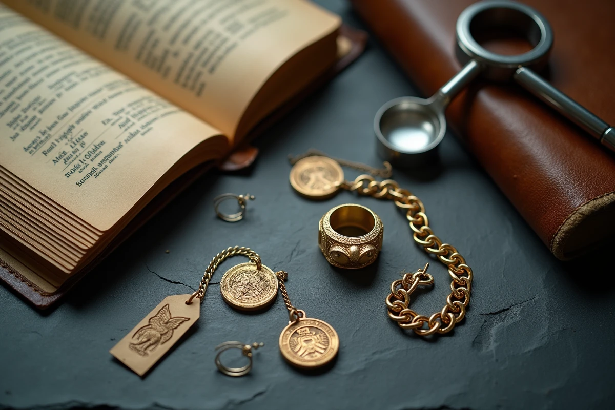 Bijoux en or avec poinçons étrangers identifiés, loupe et guide de référence des hallmarks internationaux