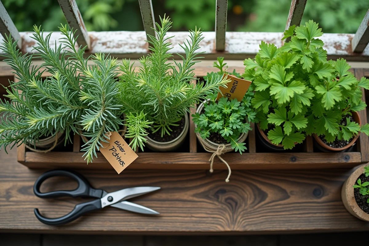 Vue en plongée de plantes aromatiques comme le romarin, la ciboulette, le persil et la coriandre dans des jardinières en bois sur un balcon