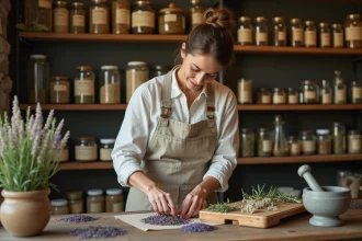 Femme herboriste arrangeant des plantes médicinales séchées dans une boutique d'apothicaire en bois