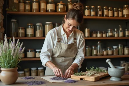 Femme herboriste arrangeant des plantes médicinales séchées dans une boutique d'apothicaire en bois