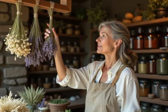 Herboriste experte examinant des plantes médicinales séchées dans une boutique d'herboristerie traditionnelle