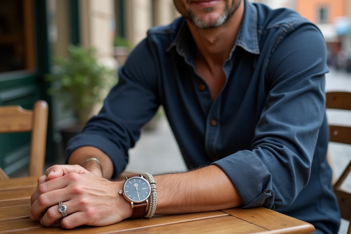 Homme dans la quarantaine attablé en terrasse de café arborant montre, bagues et bracelet tressé sur les mains