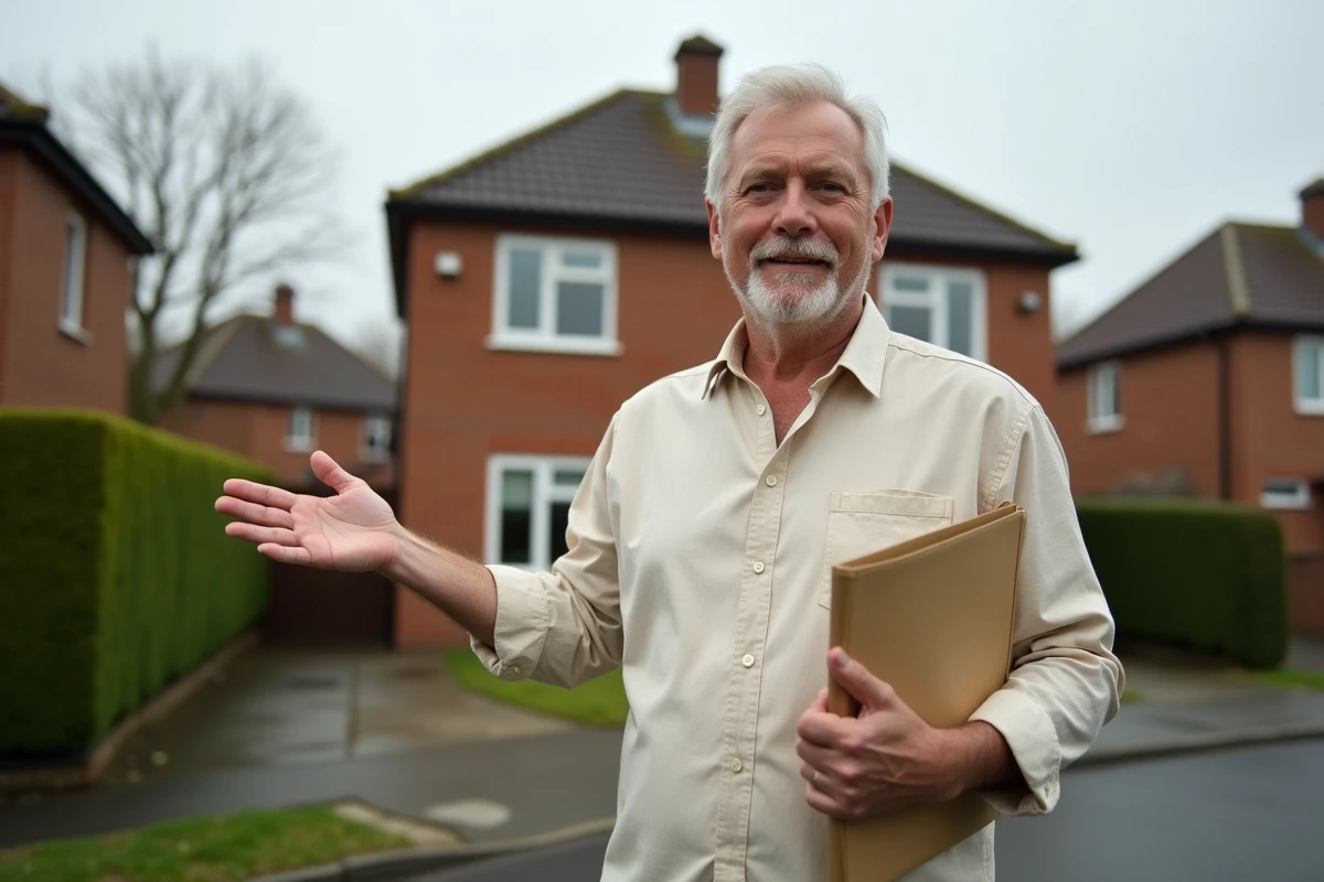 Homme présentant un bien immobilier avec un dossier d'évaluation, représentant les actifs non financiers comme la propriété
