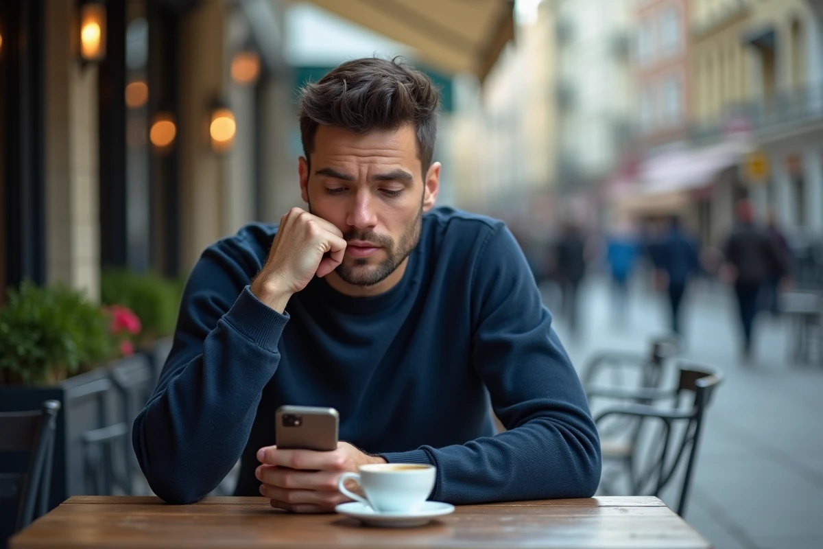 Homme distrait vérifiant son téléphone dans un café en attendant des nouvelles