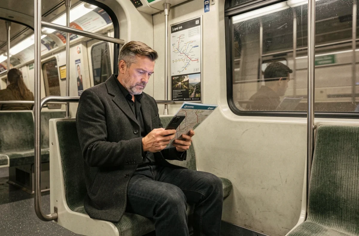 Homme utilisant une carte interactive du métro ligne 4 sur smartphone dans une rame parisienne