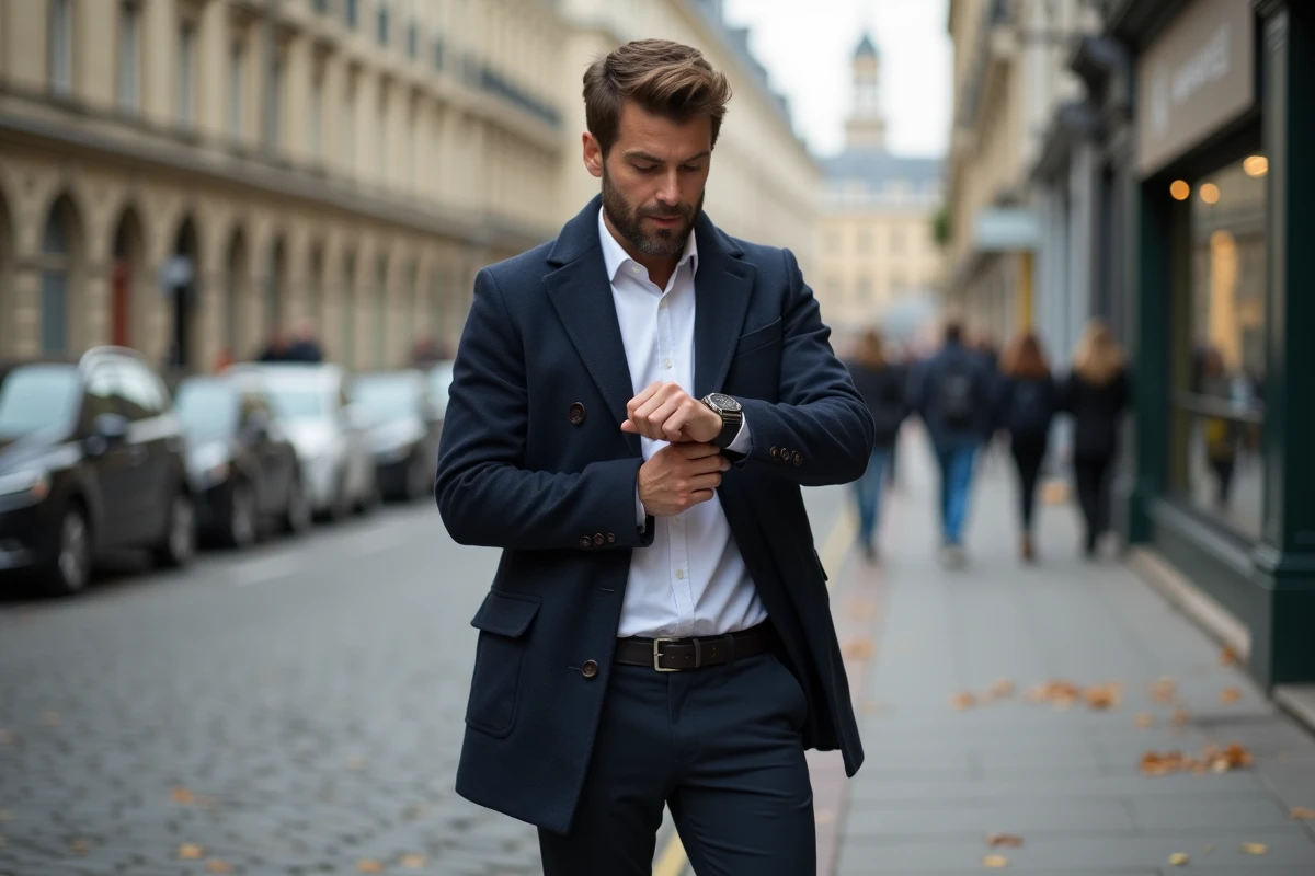 Homme célibataire s'arrêtant dans une rue parisienne pour regarder l'heure sur sa montre avec une expression étonnée, évoquant la signification du miroir horaire 15h15