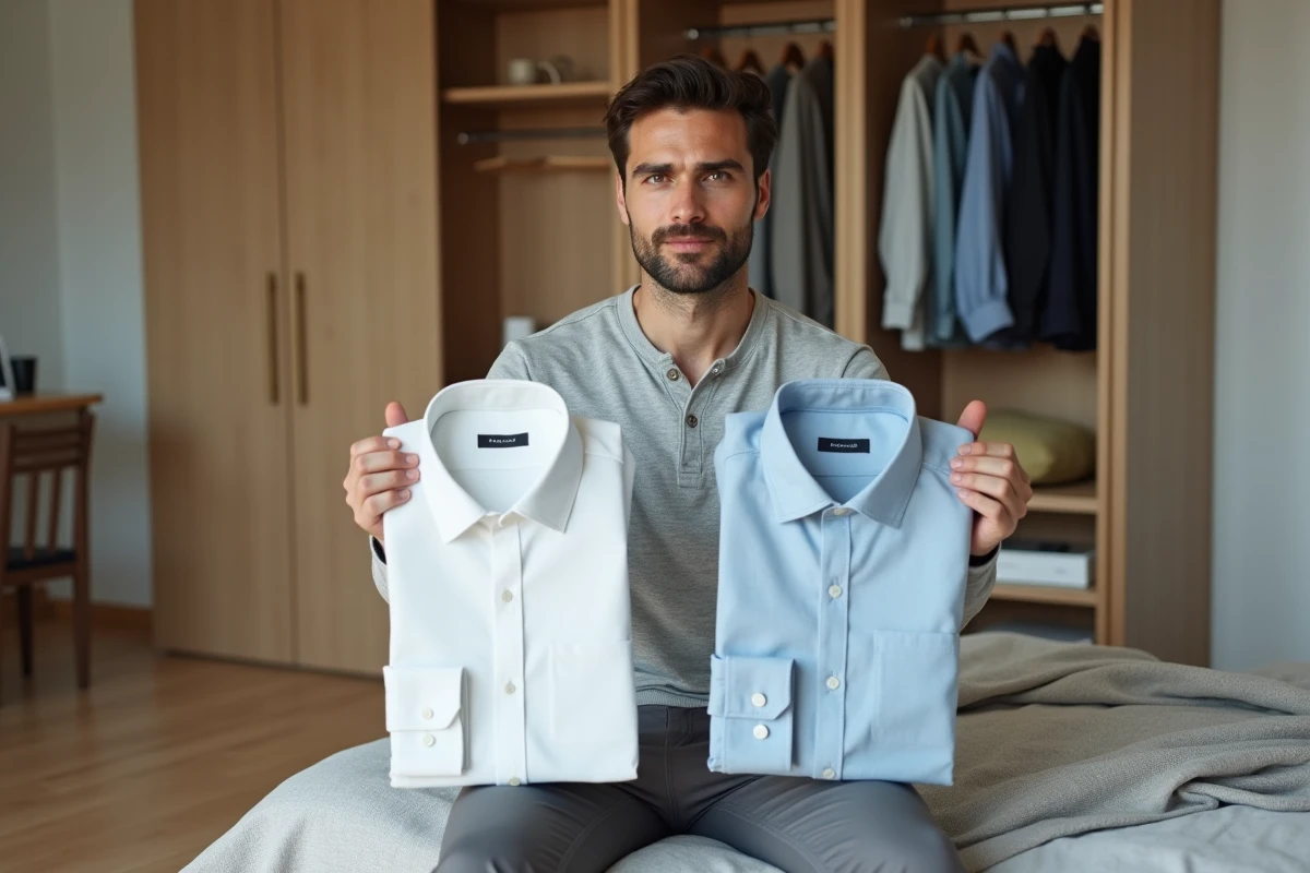 Homme comparant des chemises pour constituer une garde-robe capsule masculine