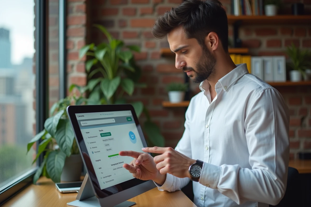 Homme consultant un CRM sur tablette dans un bureau de startup avec murs en briques