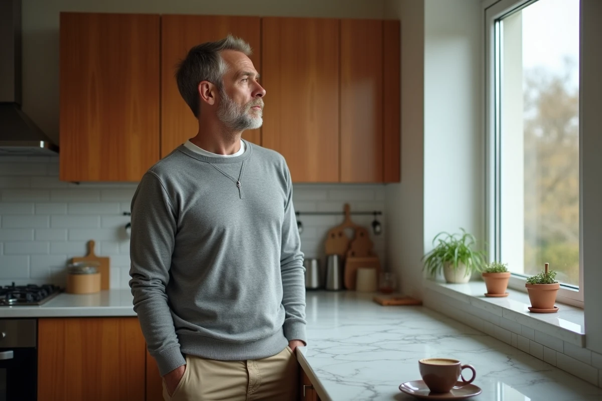 Homme d'âge mûr regardant par la fenêtre de sa cuisine avec une expression pensive, symbolisant la prise de distance émotionnelle avec sa famille
