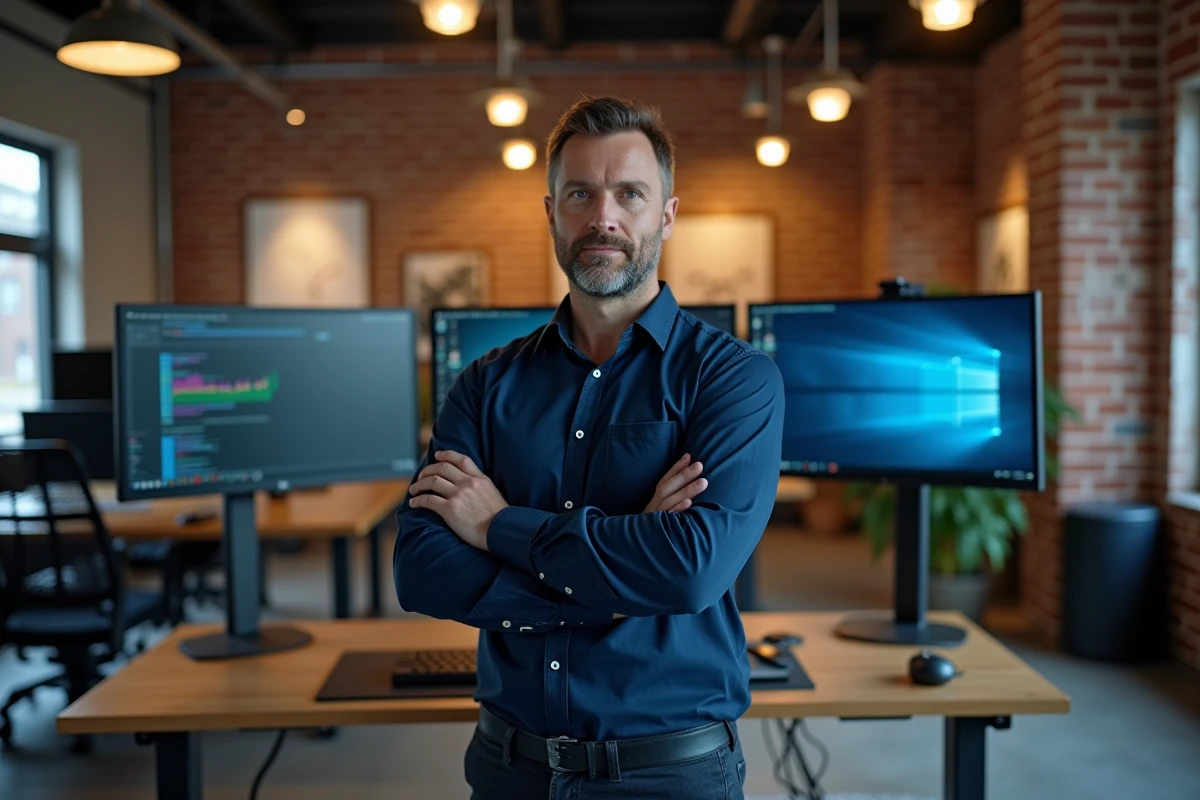 Homme debout devant une configuration double écran dans un bureau moderne en télétravail