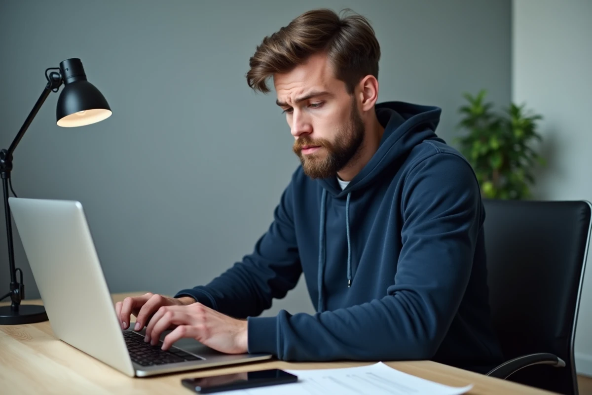 Homme frustré face à un problème de paiement Vinted sur son ordinateur portable à domicile