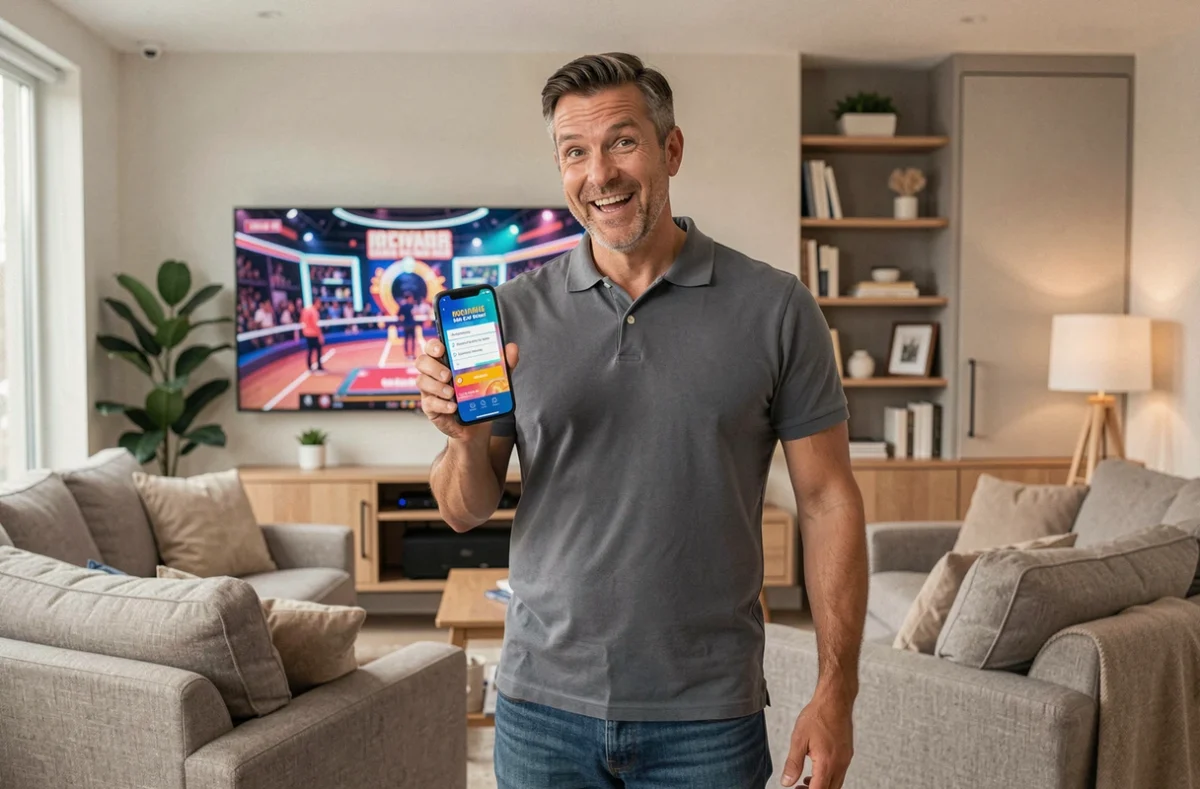 Homme tenant un smartphone avec la page d'inscription à La Roue de la Fortune dans son salon