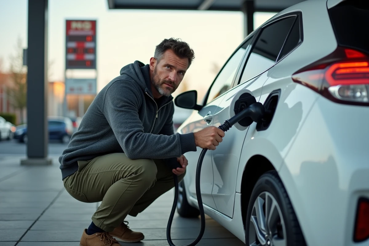 Homme inspectant la trappe de recharge d'une voiture hybride dans une station-service urbaine