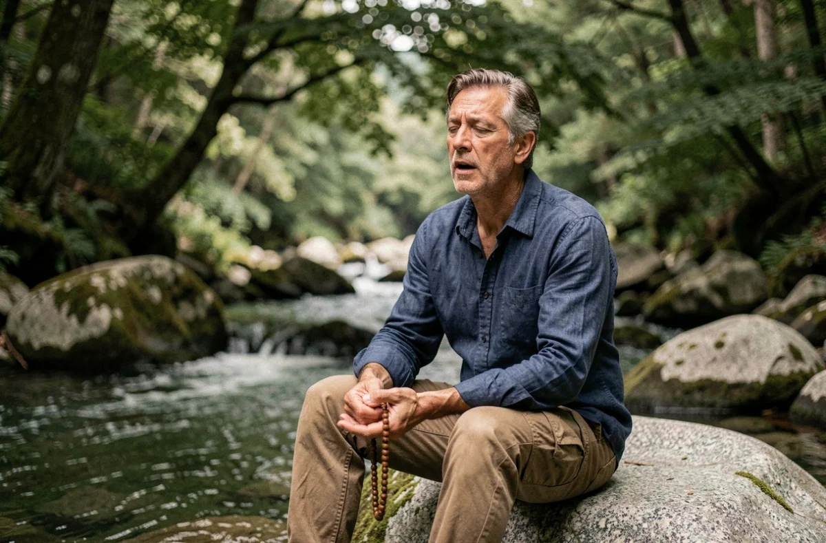 Homme récitant un mantra avec un mala au bord d'une rivière dans la forêt