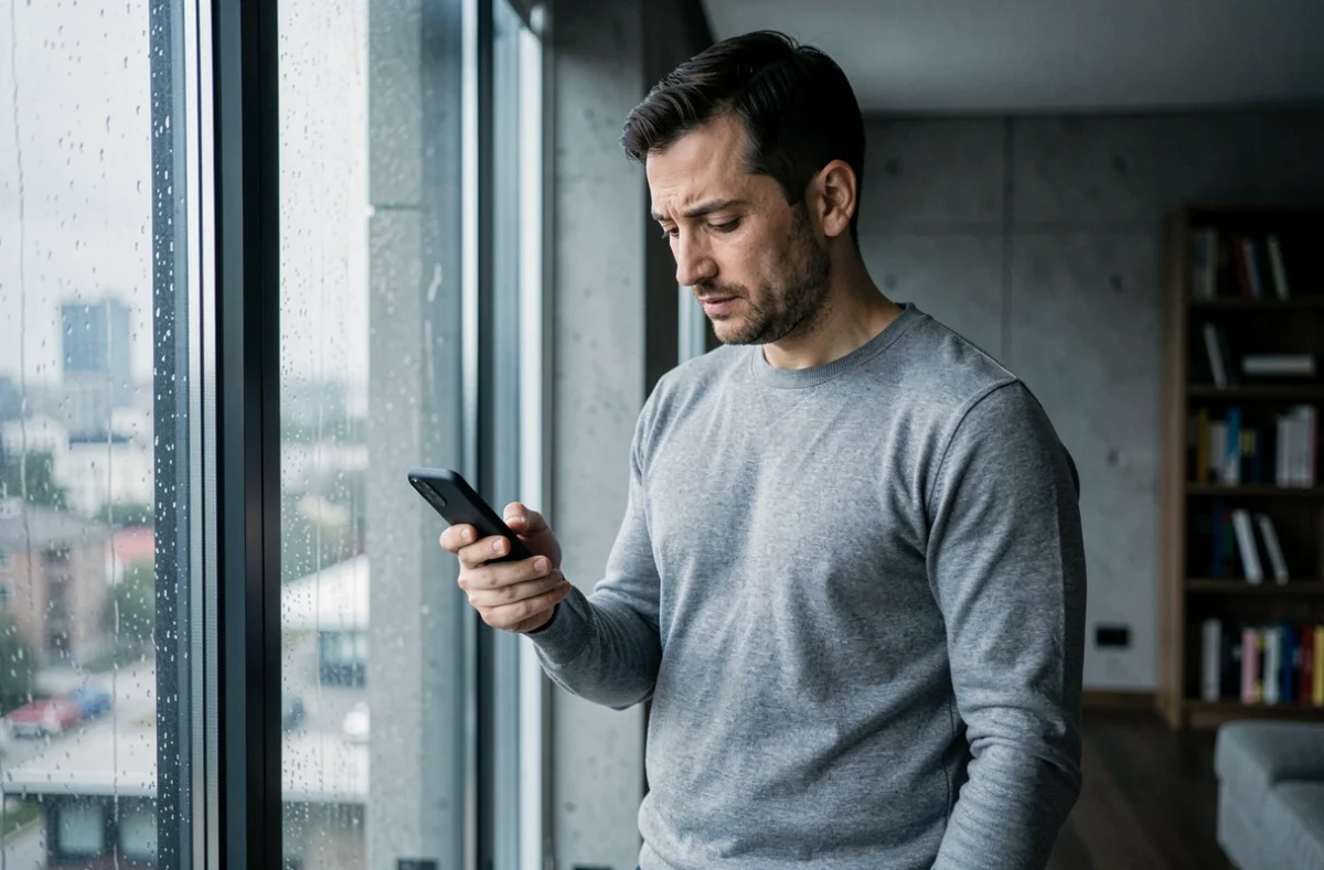 Homme lisant un message de réconciliation sur son téléphone près d'une fenêtre pluvieuse dans un appartement moderne