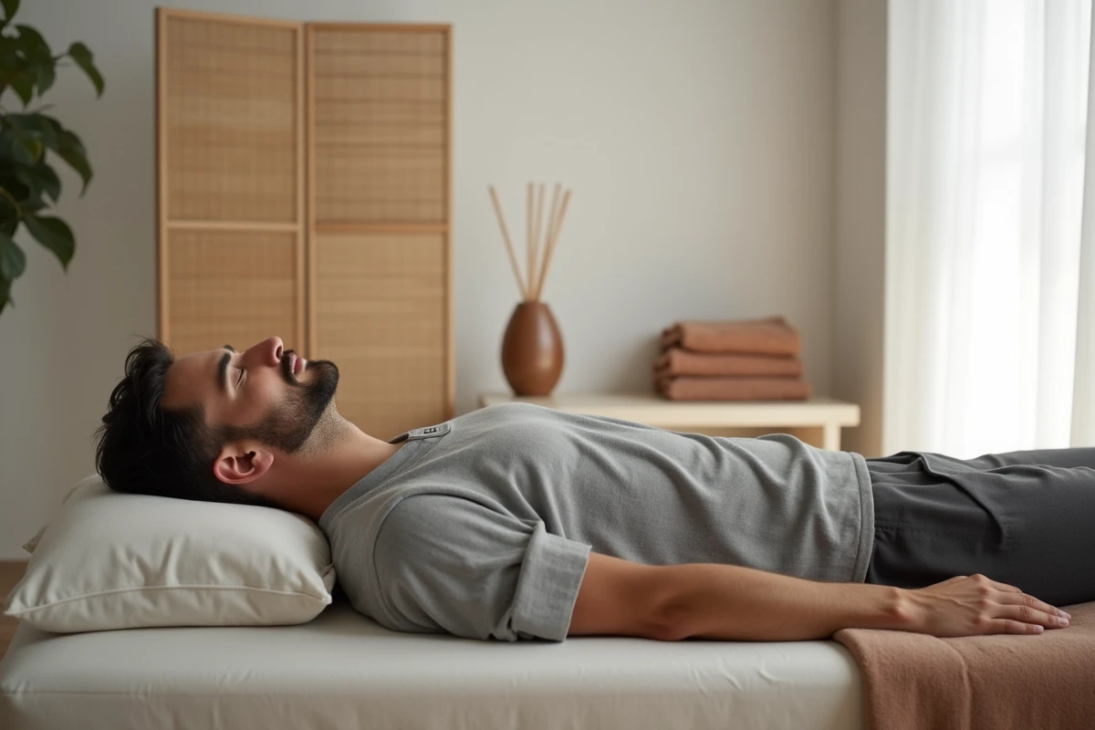 Homme allongé sur une table de soin dans un studio de bien-être minimaliste, vêtu de lin gris, en état de relaxation profonde pour lâcher prise