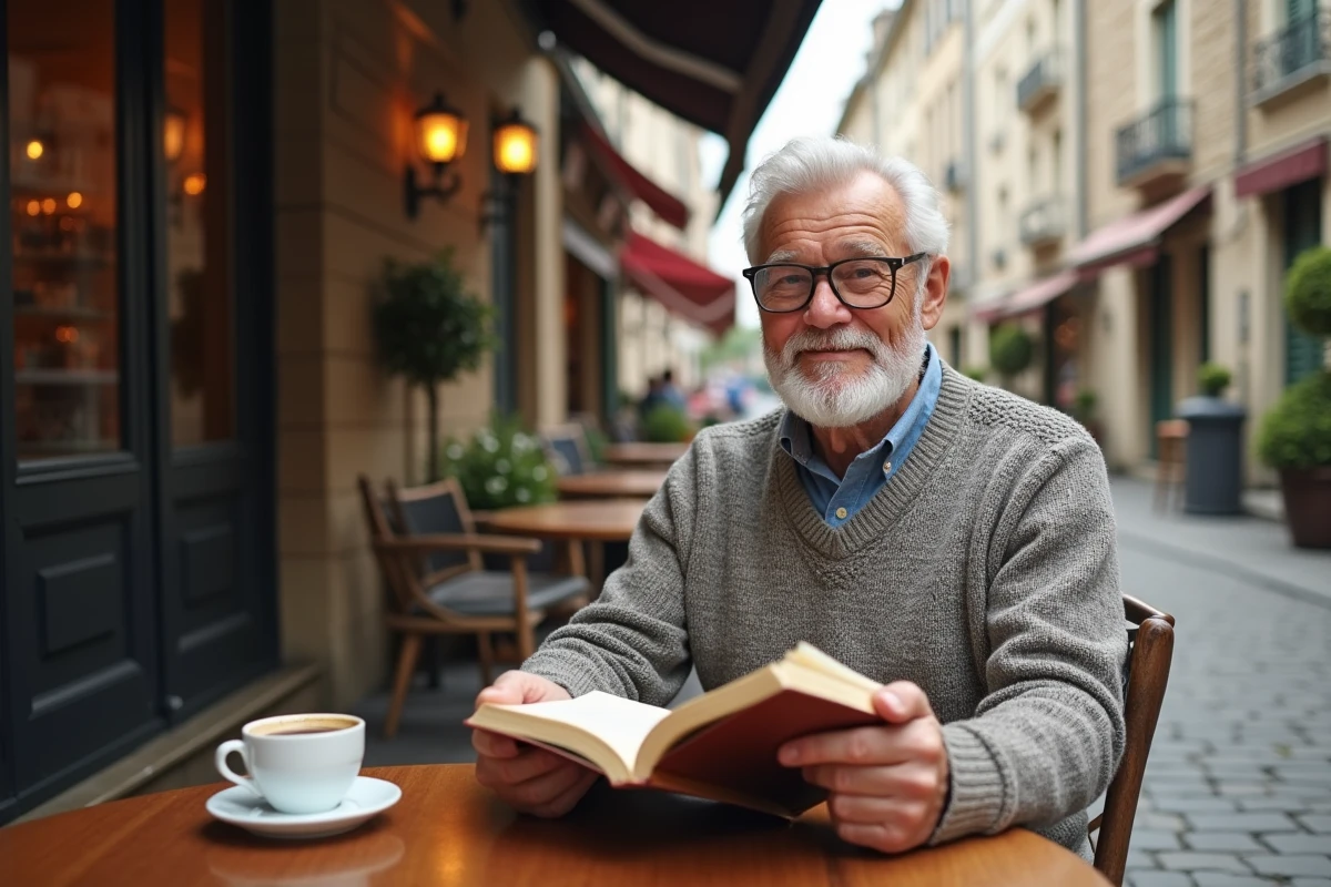 Homme retraité lisant un livre en terrasse de café dans une ville française paisible