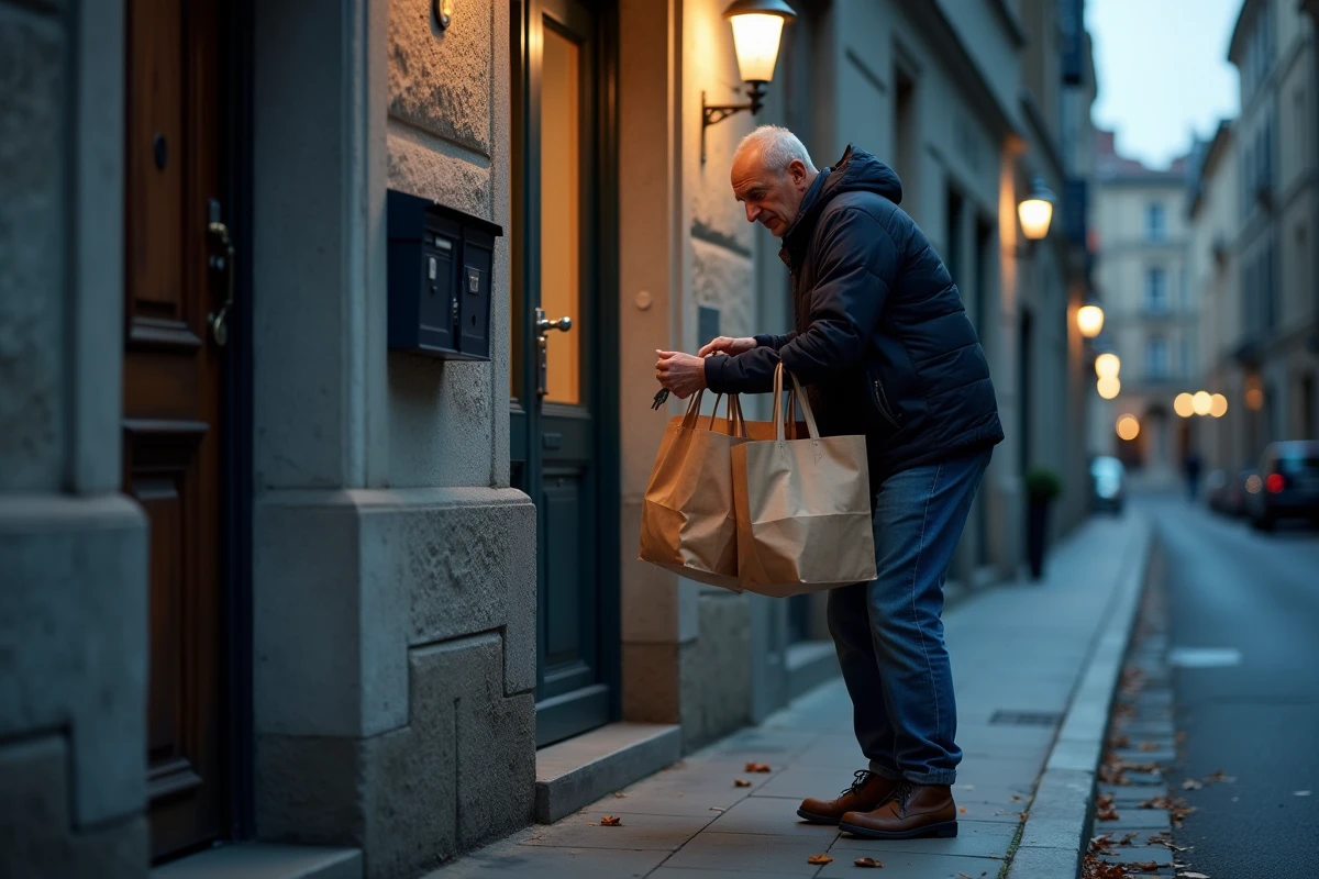 Homme seul rentrant chez lui avec des courses devant son immeuble, symbolisant les difficultés pratiques de la vie solitaire