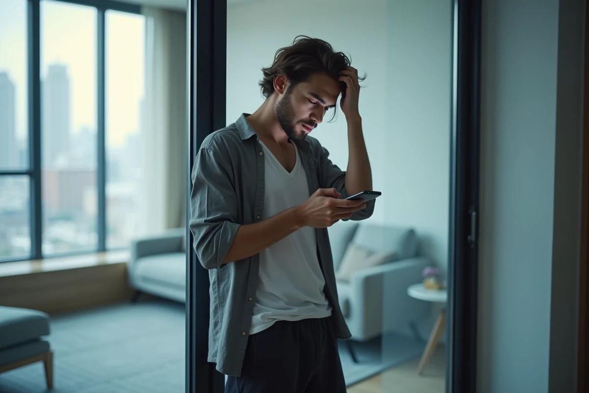 Homme debout près d'une fenêtre consultant compulsivement son smartphone, symbolisant la recherche de stimulation dopaminergique et les comportements impulsifs