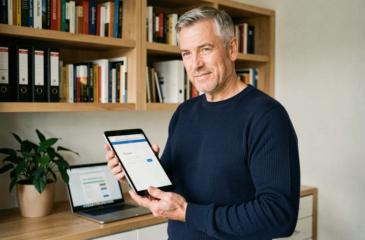 Homme tenant une tablette affichant une page de connexion avec une URL dans un bureau à domicile moderne