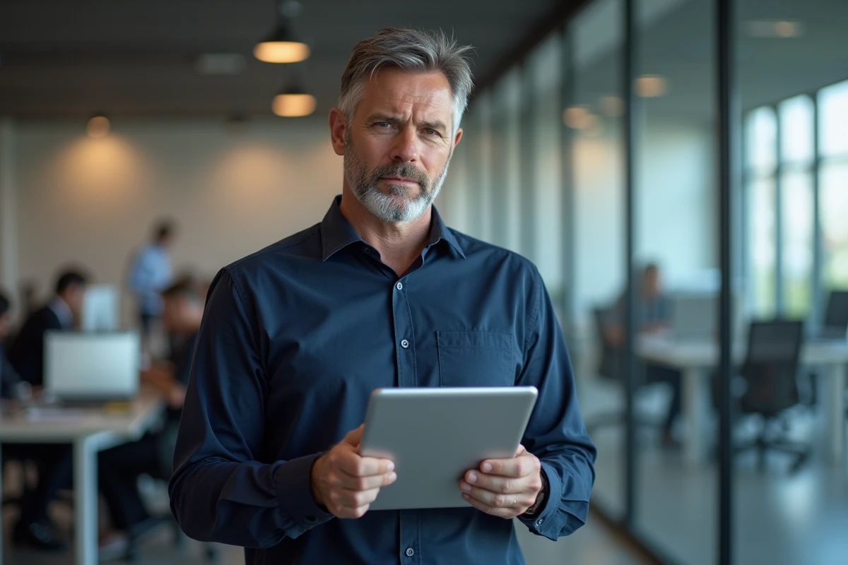 Homme parcourant un portail d'informations simplifiées sur une tablette dans un environnement de bureau professionnel
