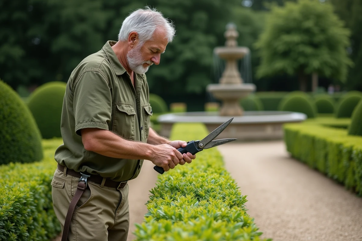 Homme taillant une haie dans un jardin à la française avec topiaires et allée en gravier
