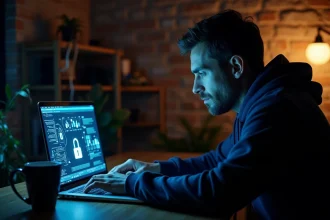 Homme concentré dans un bureau sombre utilisant un VPN sur son ordinateur portable pour protéger sa connexion internet