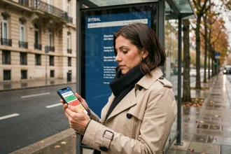 Femme consultant les horaires de bus Lyon en temps réel sur son smartphone à un arrêt de bus SYTRAL