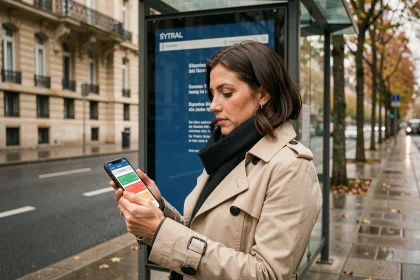Femme consultant les horaires de bus Lyon en temps réel sur son smartphone à un arrêt de bus SYTRAL