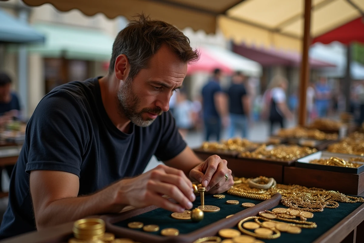 Homme utilisant une loupe de bijoutier pour identifier un poinçon or étranger sur un bijou de marché aux puces