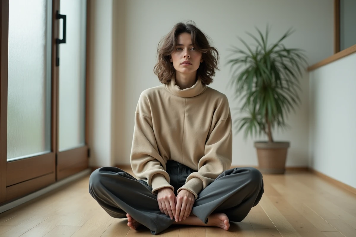 Personne agender aux cheveux mi-longs assise sur un plancher en bois dans un intérieur minimaliste