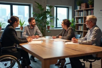 Équipe diversifiée et inclusive réunie autour d'une table de réunion dans un bureau moderne, incluant une collègue en fauteuil roulant