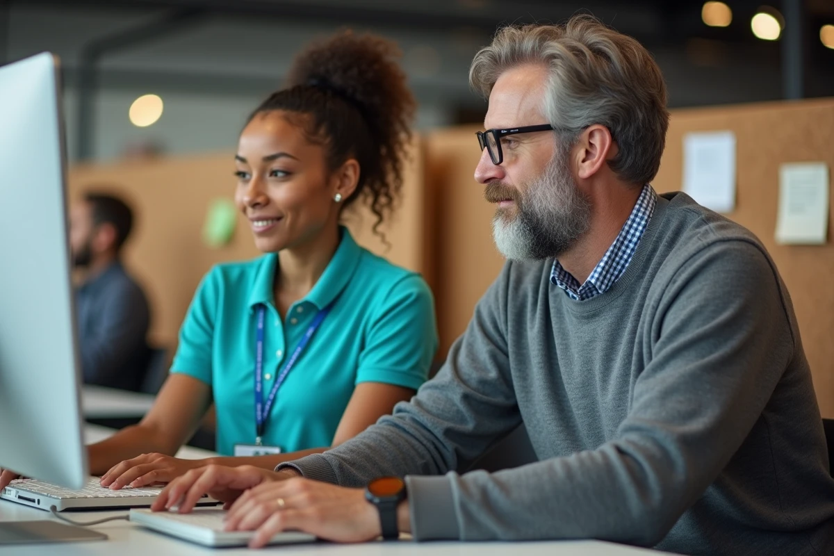 Deux collègues dont une personne en situation de handicap travaillant ensemble dans un espace de travail inclusif, symbolisant l'intégration professionnelle et l'inclusion