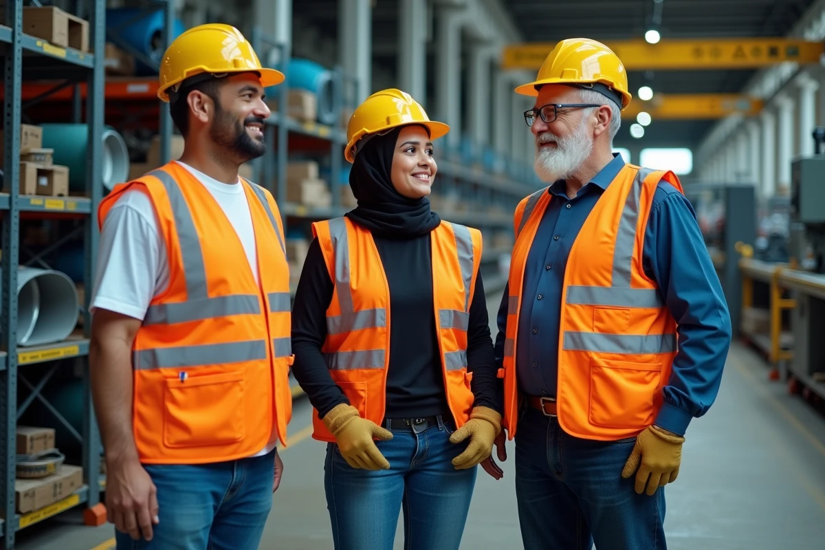 Trois collègues d'horizons différents faisant une pause sur un site industriel, dont un employé portant une prothèse de bras, symbole d'inclusion professionnelle