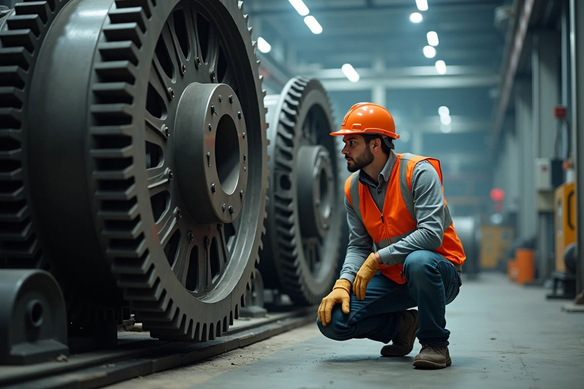 Ingénieur observant un mécanisme de rotation circulaire d'engrenage industriel en usine