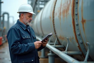 Ingénieur industriel inspectant un réservoir de stockage d'hydrogène dans une usine de raffinage