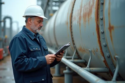Ingénieur industriel inspectant un réservoir de stockage d'hydrogène dans une usine de raffinage