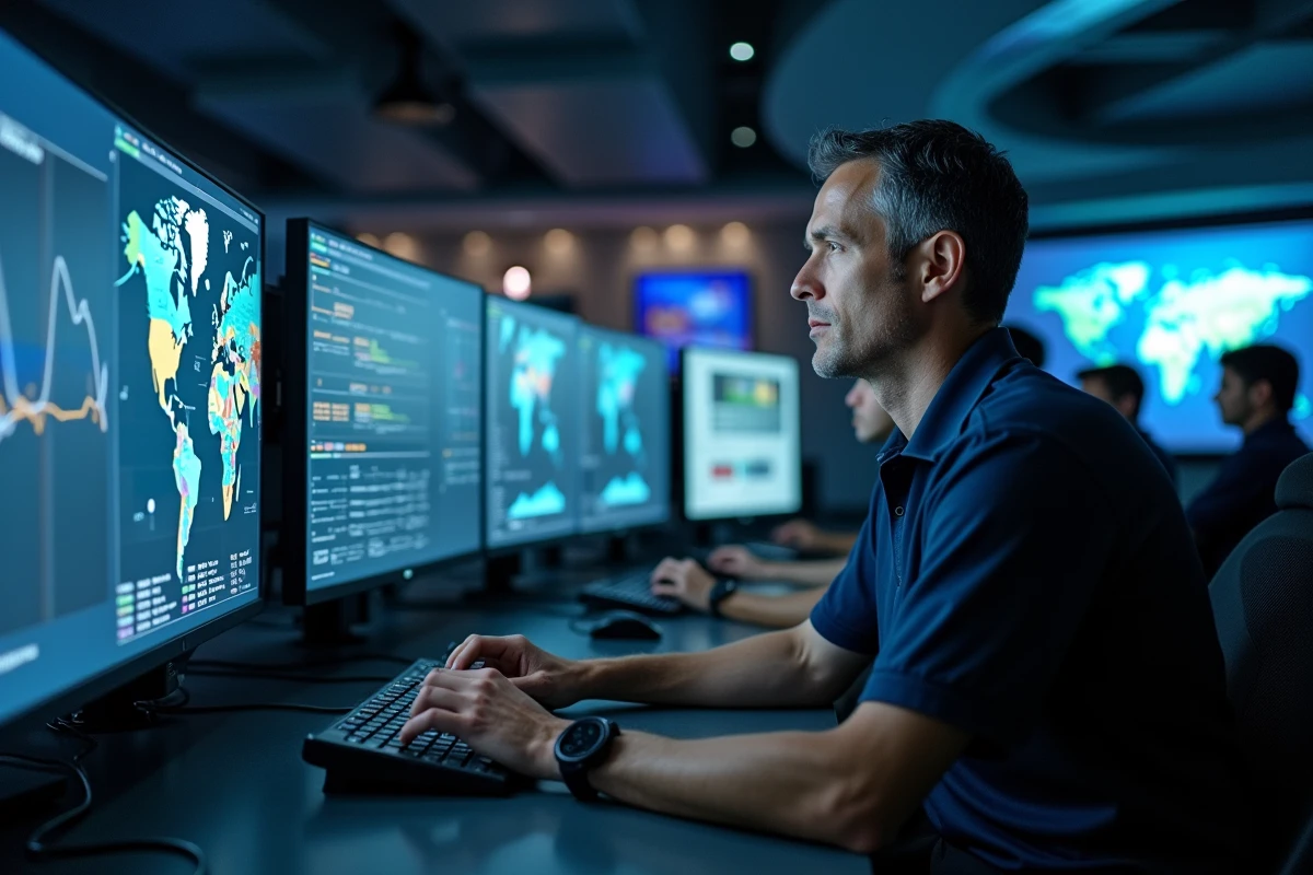 Ingénieur analysant des données de télémétrie satellite sur des écrans dans une salle de contrôle de mission