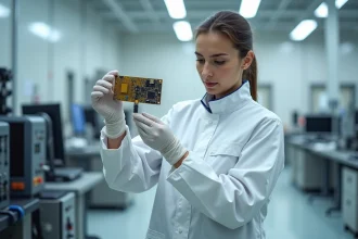 Ingénieure aérospatiale inspectant un composant de satellite dans une salle blanche de laboratoire high-tech