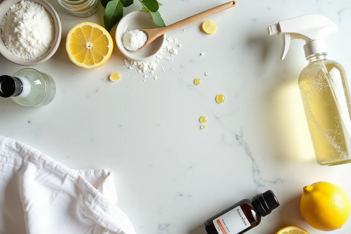 Vue du dessus des ingrédients pour fabriquer un dégraissant maison : citron, bicarbonate, vinaigre blanc et huile essentielle