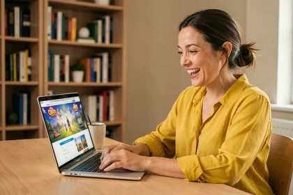 Femme souriante remplissant un formulaire d'inscription en ligne à un jeu télévisé sur son ordinateur portable
