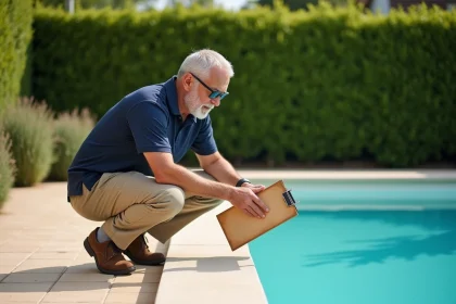 Inspecteur municipal contrôlant le niveau d'eau d'une piscine résidentielle avec un tableau de bord et une jauge