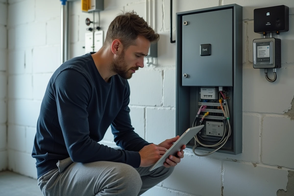 Homme installant un module domotique dans un tableau électrique connecté à domicile