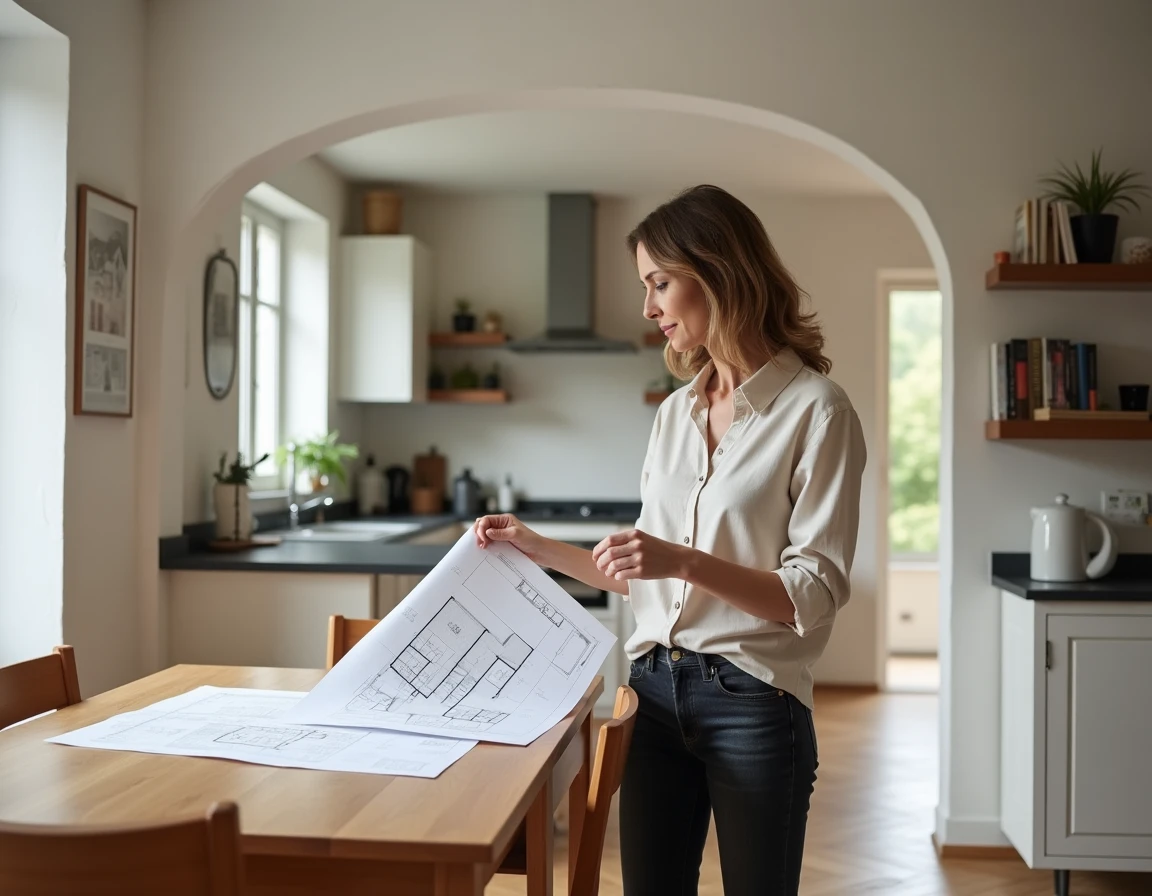 Femme consultant un plan dans le séjour spacieux d'une maison T5 avec parquet et grande salle à manger