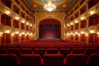 Vue grand angle de l'intérieur du Théâtre Mogador avec rangées de sièges en velours rouge et balcons dorés