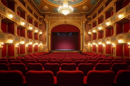 Vue grand angle de l'intérieur du Théâtre Mogador avec rangées de sièges en velours rouge et balcons dorés