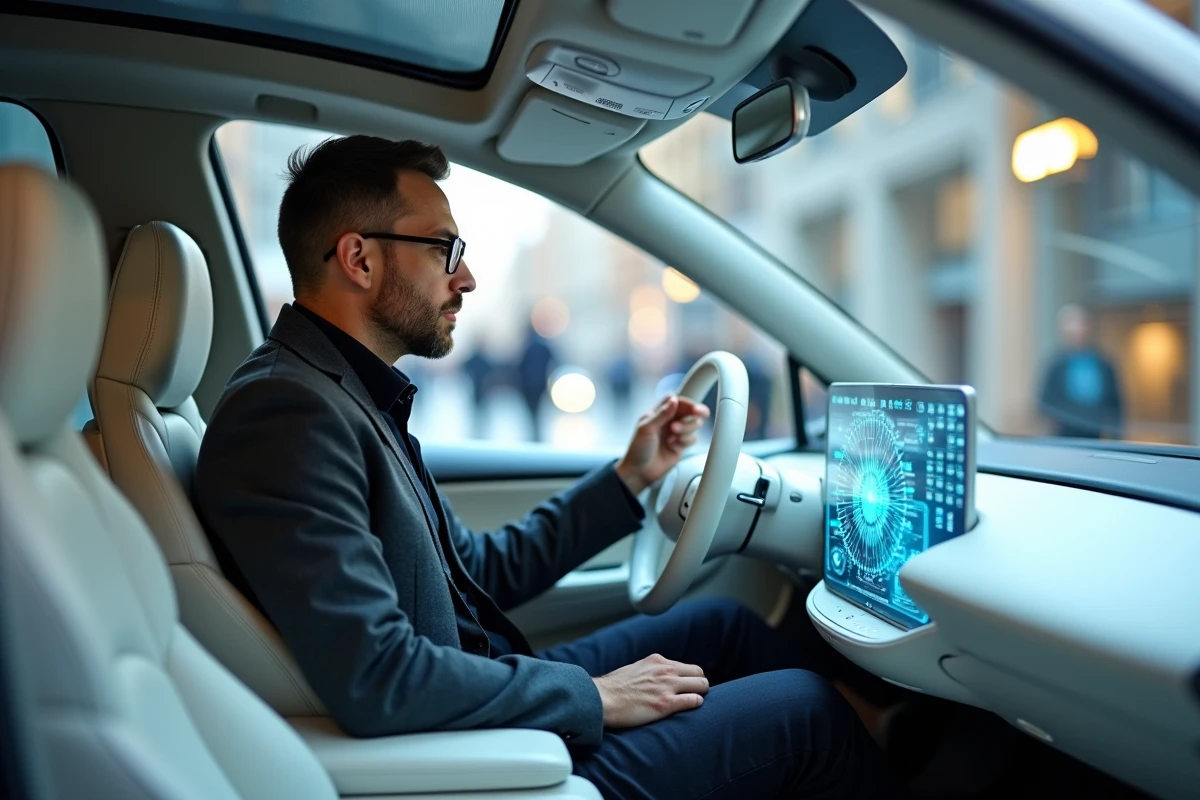 Ingénieur examinant le tableau de bord holographique à l'intérieur d'une voiture autonome futuriste au design épuré