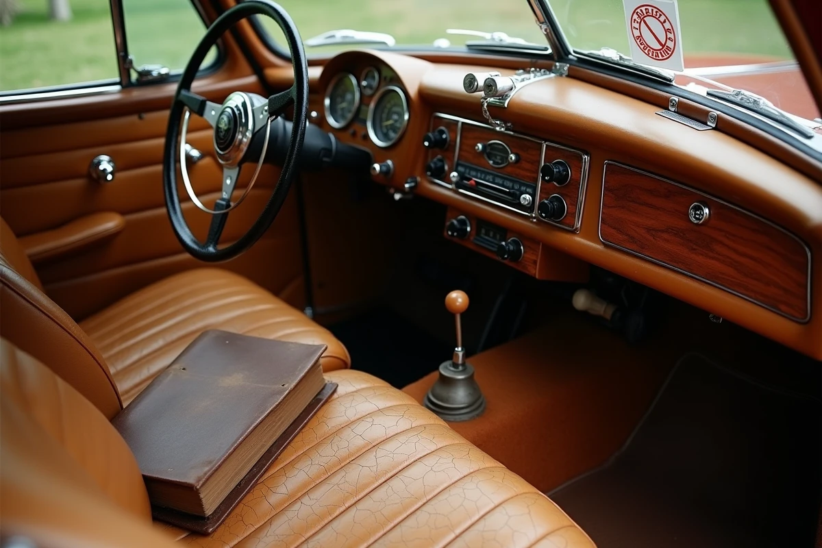 Intérieur d'une voiture de collection avec vignette de contrôle technique et carnet d'entretien sur le siège passager