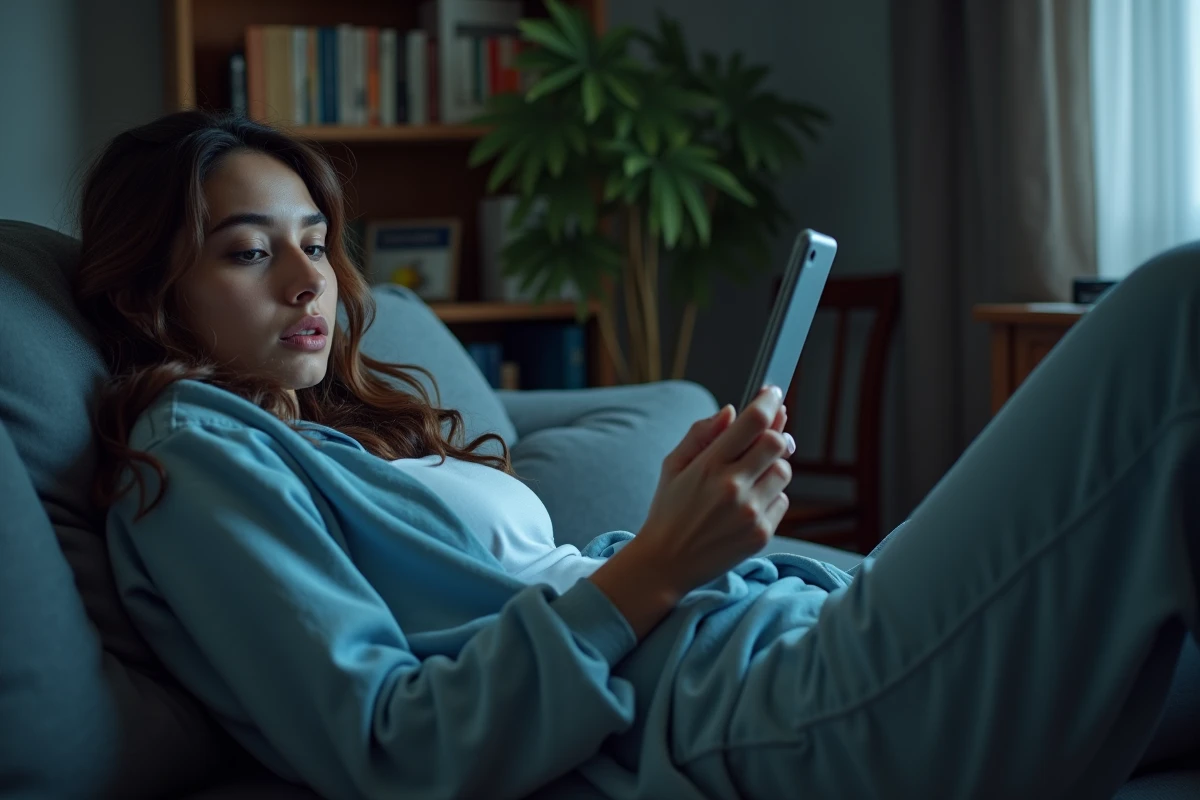 Jeune femme allongée sur son canapé qui fait défiler les réseaux sociaux seule, représentant l'ennui et l'isolement de la vie privée