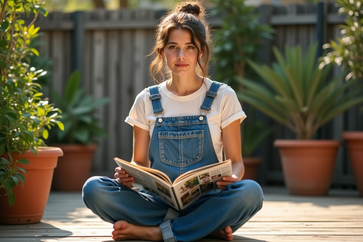 Jeune femme lisant un magazine sur la mode durable en plein air dans un cadre de jardin urbain écoresponsable